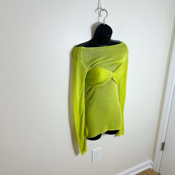 Meladyn OTS Ruched Sheer Y2K Long Sleeve Top Size Large Neon Green - Picture 3 of 9